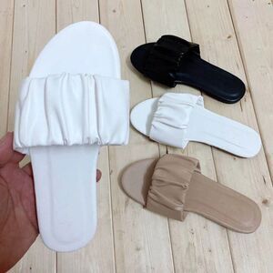 WOMEN WHITE RUFFLED LEATHER LOW HEEL SANDALS